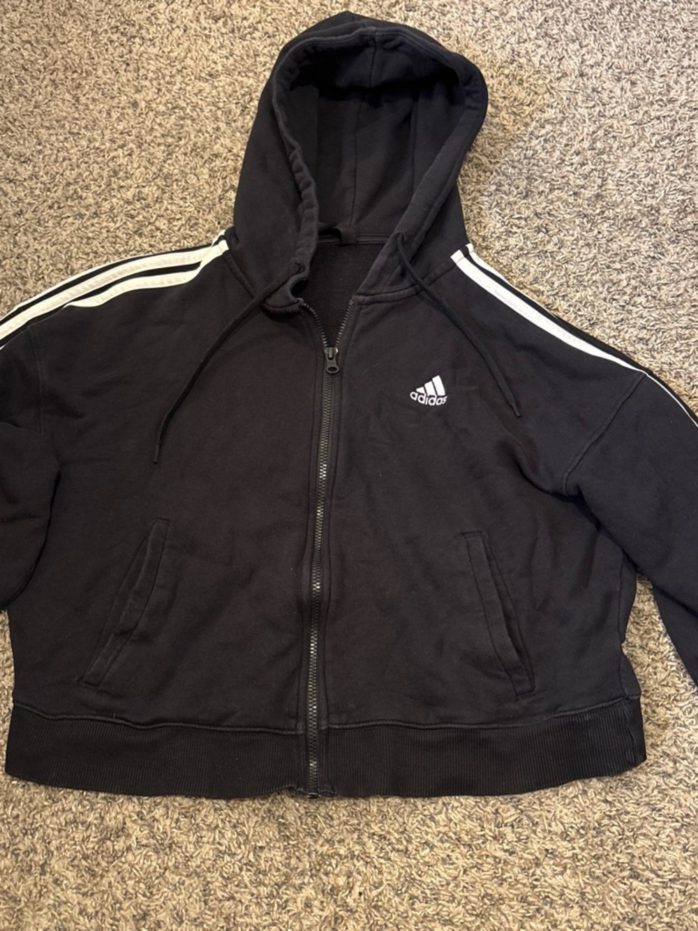 adidas Black cropped Hoodie with White Shoulder Stripes